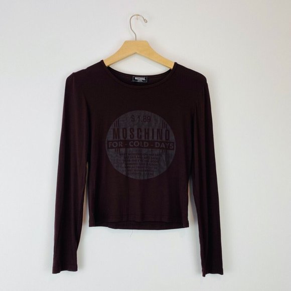 Moschino Tops - Moschino Jeans Y2K 00's Dark Brown Graphic Long Sleeve Cropped T Shirt UK S